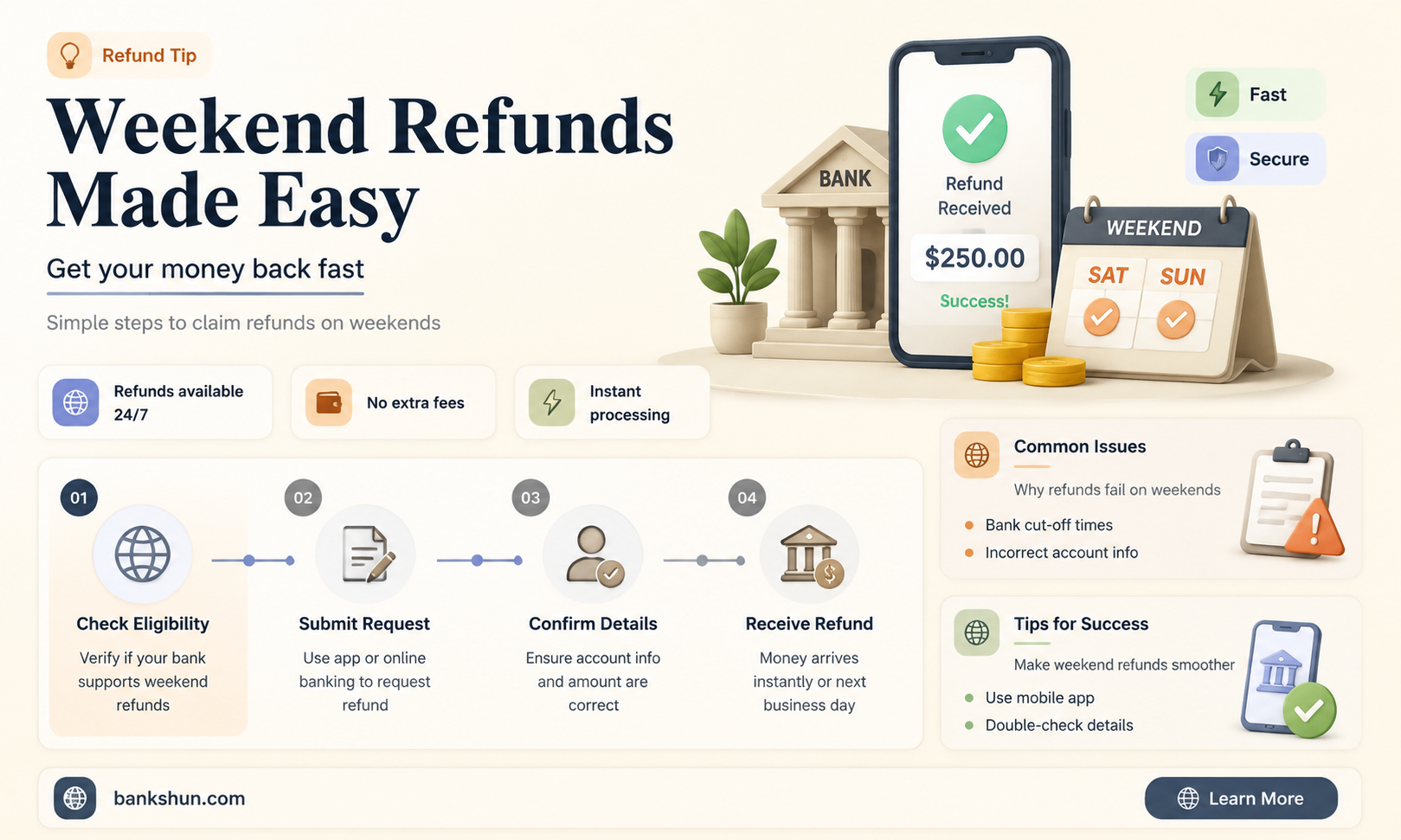 do banks issue refunds on the weekend