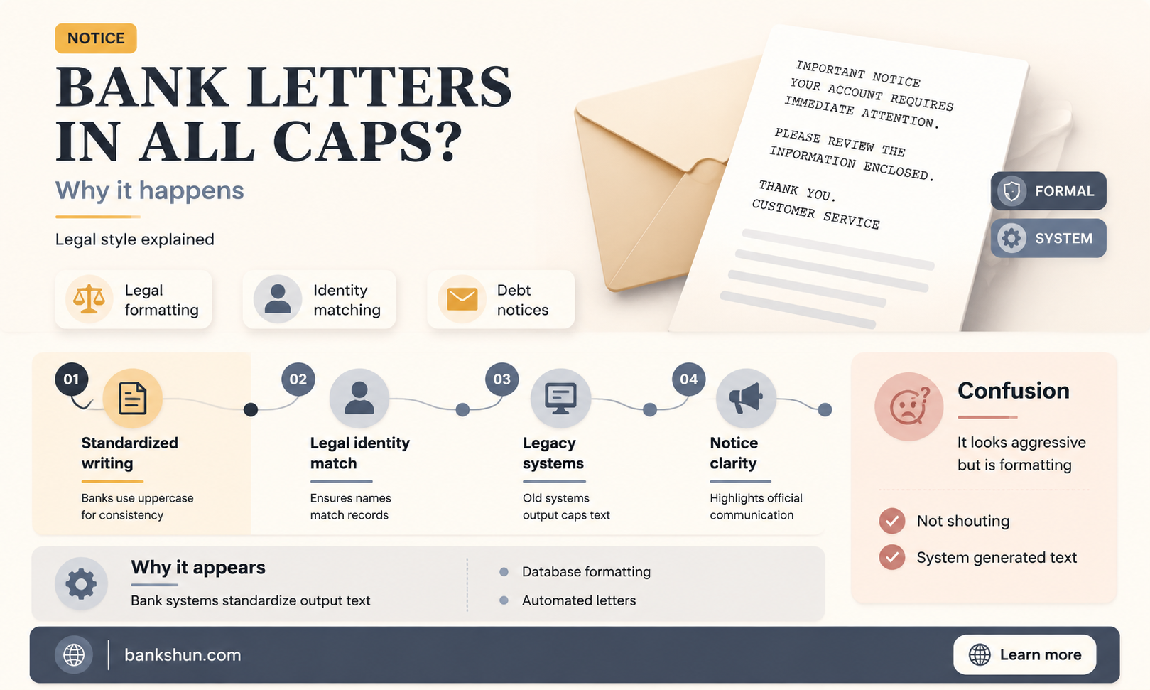 do banks send letters in all caps